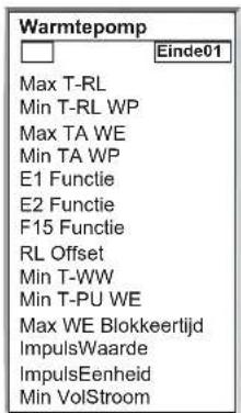 Warmtepomp Max T-RL Min T-RL WP Max TA WE Min TA WP E1 Functie E2 Functie F15 Functie RL Offset Min T-WW Min T-PU WE Max WE Blokkeertijd ImpulsWaarde ImpulsEenheid Min VolStroom