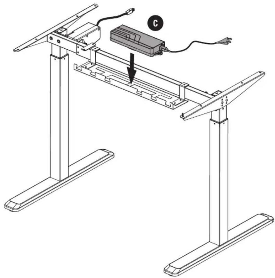 Technical diagram of a mechanical assembly with labeled component C and directional arrow indicating motion or force