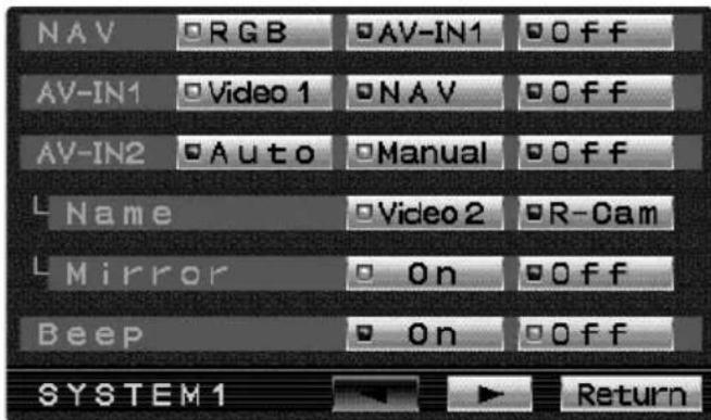 NAV RGB AV-IN1 OFF AV-IN1 Video 1 NAV OFF AV-IN2 Auto Manual OFF Name Video 2 R-Cam Mirror On Off Beep On Off SYSTEM1 Return