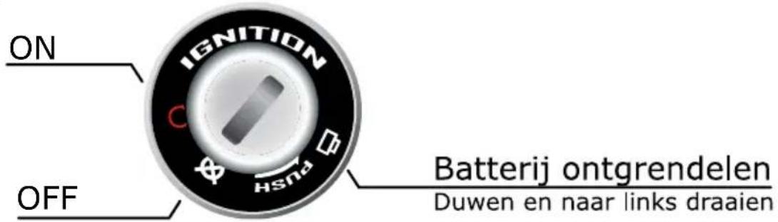 ON IGNITION OFF Batterij ontgrendelen Duwen en naar links draaien