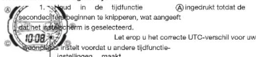 1. Houd in de tijdfunctie A ingedrukt totdat de secondacler beginnen te knipperan, wat aangeet dat het instilchem is geselecteerd. Let erop u het correcte UTC-verschil voor uw woompleets instelt voordat u andere tijdfunctie- instellingen maakt.