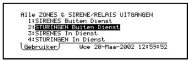 Alle ZONES & SIRENE/RELAIS UITGANGEN 1:SIRENES Buiten Dienst 2:STURINGEN Buiten Dienst 3:SIRENES In Dienst 4:STURINGEN In Dienst Gebruiker Woe 20-Maa-2002 12:59:52