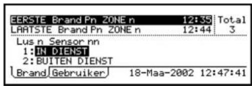 EERSTE Brand Pn ZONE n 12:35 Total LAATSTE Brand Pn ZONE n 12:44 3 Lus n Sensor nn 1:IN DIENST 2:BUITEN DIENST Brand Gebruiker 18-Maa-2002 12:47:41