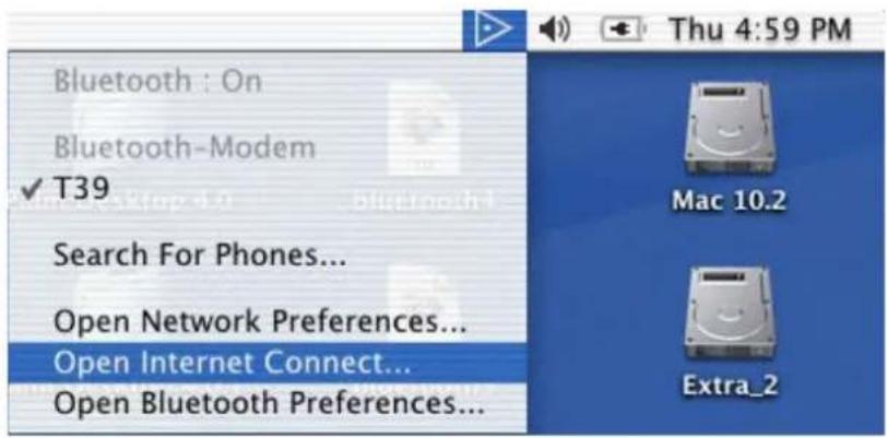 Bluetooth : On Bluetooth-Modem ✓ T39 Search For Phones... Open Network Preferences... Open Internet Connect... Open Bluetooth Preferences...