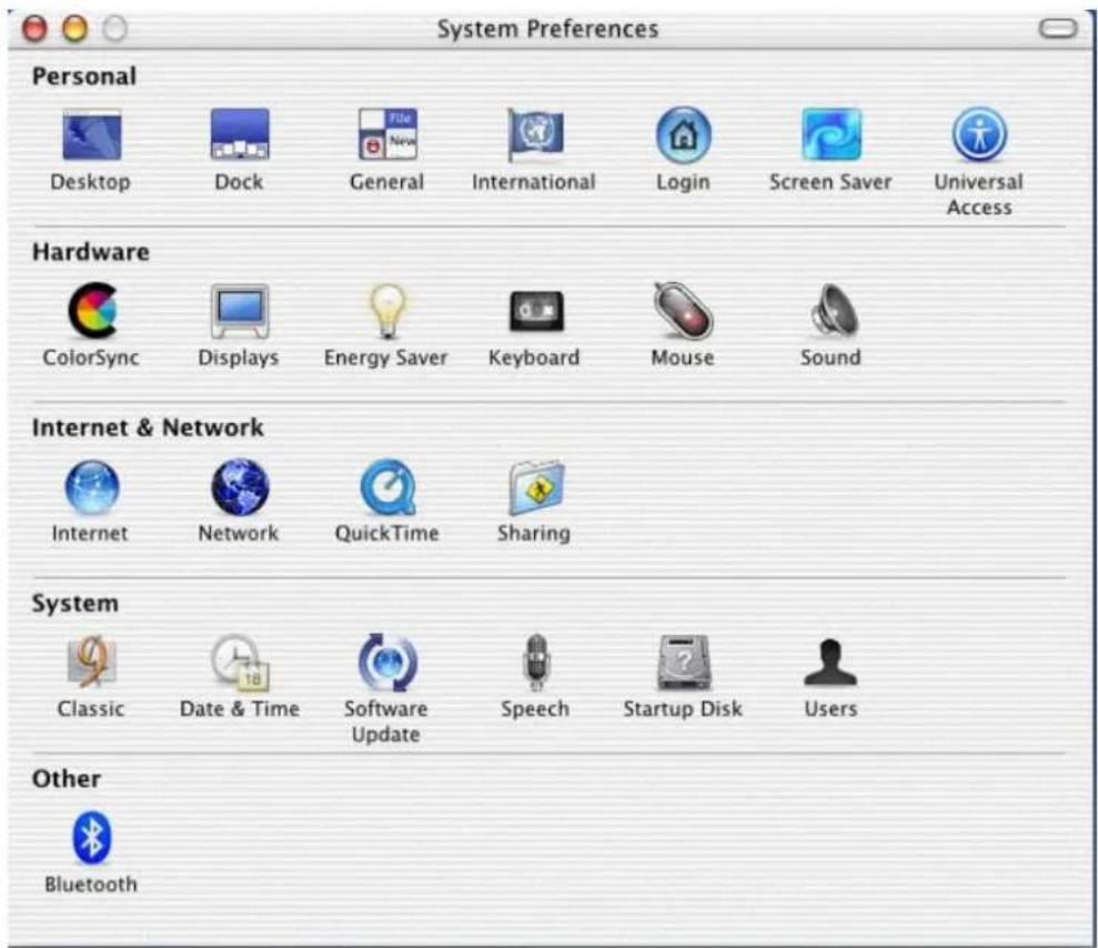 System Preferences Personal Desktop Dock General International Login Screen Saver Universal Access Hardware ColorSync Displays Energy Saver Keyboard Mouse Sound Internet & Network Internet Network QuickTime Sharing System Classic Date & Time Software Update Speech Startup Disk Users Other Bluetooth