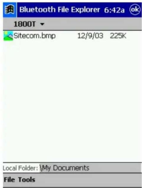 Bluetooth File Explorer 6:42a ok 1800T ▼ Sitecom.bmp 12/9/03 225K Local Folder: My Documents File Tools