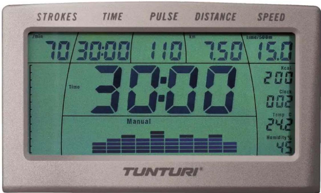 STROKES TIME PULSE DISTANCE SPEED /min 70 30:00 110 km 750 time/500m Time 30:00 Kcal 200 Clock 002 Temp C 24.2 Humidity % 45 TUNTURI®