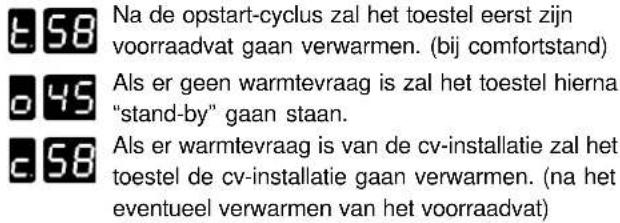 t 58 Na de opstart-cyclus zal het toestel eerst zijn voorraadvat gaan verwarmen. (bij comfortstand) o 45 Als er geen warmtevraag is zal het toestel hierna "stand-by" gaan staan. c 58 Als er warmtevraag is van de cv-installatie zal het toestel de cv-installatie gaan verwarmen. (na het eventueel verwa…