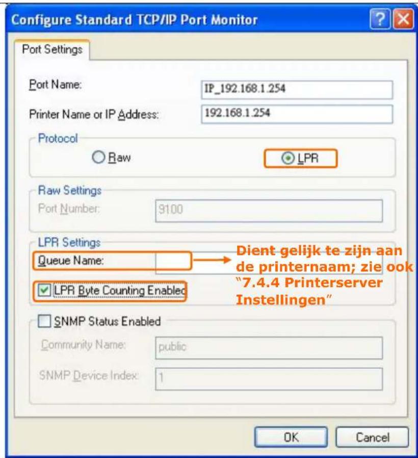 Configure Standard TCP/IP Port Monitor Port Settings Port Name: IP_192.168.1.254 Printer Name or IP Address: 192.168.1.254 Protocol Raw LPR Raw Settings Port Number: 9100 LPR Settings Queue Name: LPR Byte Counting Enabled Dient gelijk te zijn aan de printernaam; zie ook "7.4.4 Printerserver Instelli…