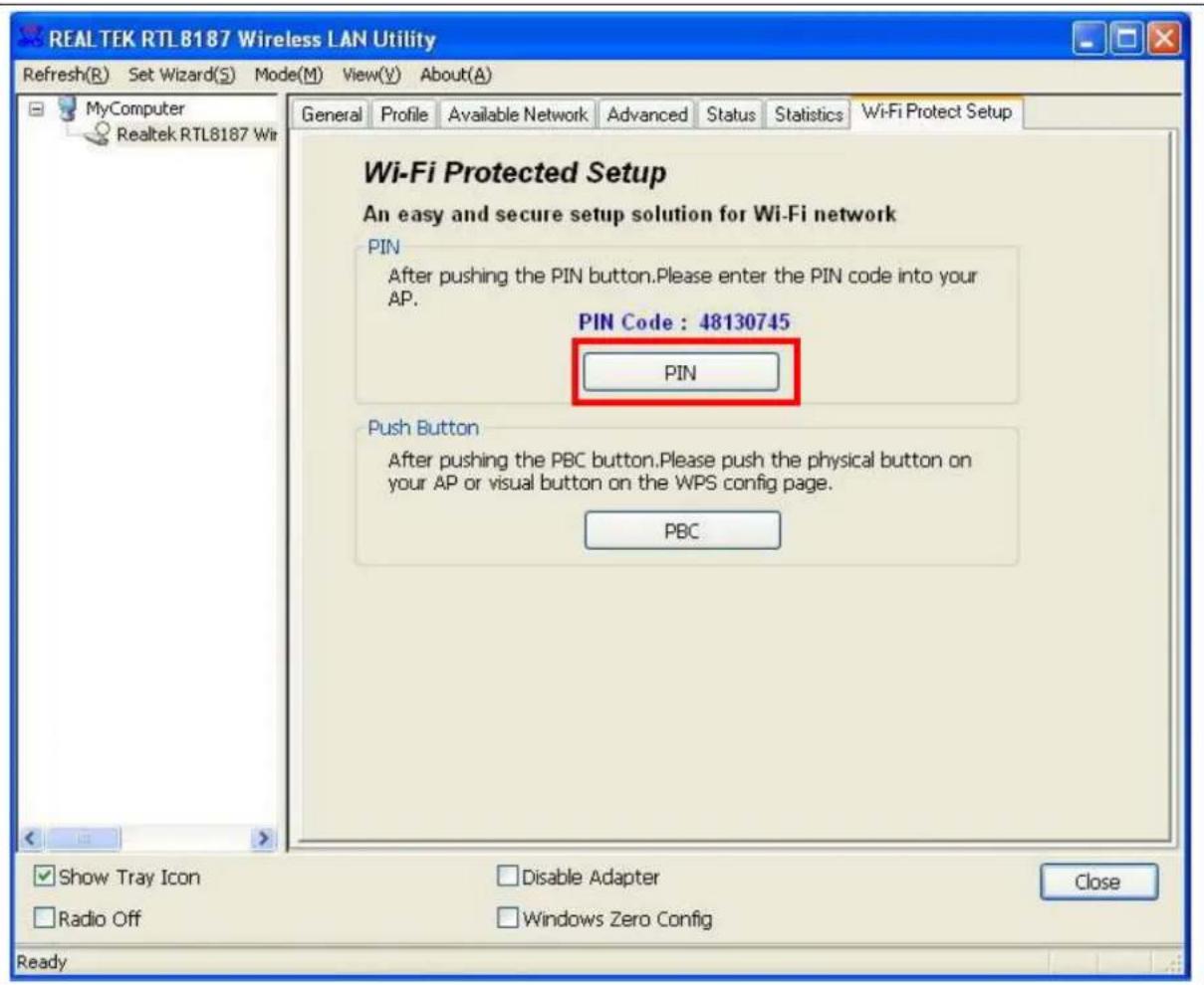 REALTEK RTL8187 Wireless LAN Utility Refresh(R) Set Wizard(S) Mode(M) View(V) About(A) General Profile Available Network Advanced Status Statistics Wi-Fi Protect Setup MyComputer Realtek RTL8187 Wi Wi-Fi Protected Setup An easy and secure setup solution for Wi-Fi network PIN After pushing the PIN bu…