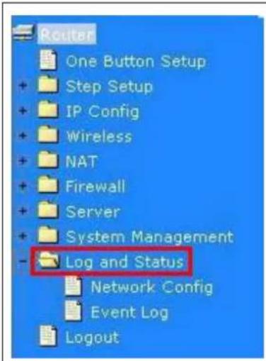 Router One Button Setup Step Setup IP Config Wireless NAT Firewall Server System Management Log and Status Network Config Event Log Logout