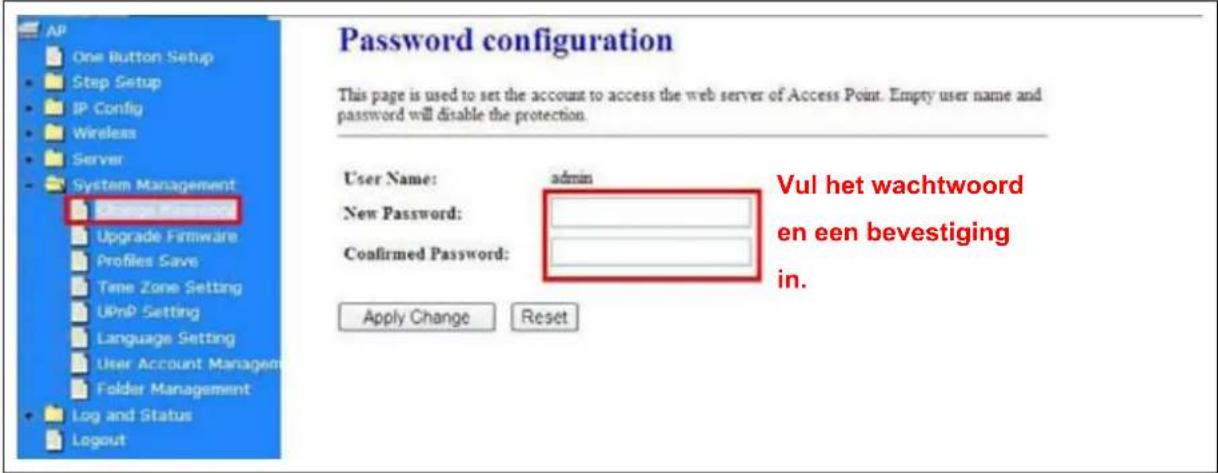 Password configuration This page is used to set the account to access the web server of Access Point. Empty user name and password will disable the protection. User Name: admin New Password: Confirmed Password: Apply Change Reset Vul het wachtwoord en een bevestiging in.