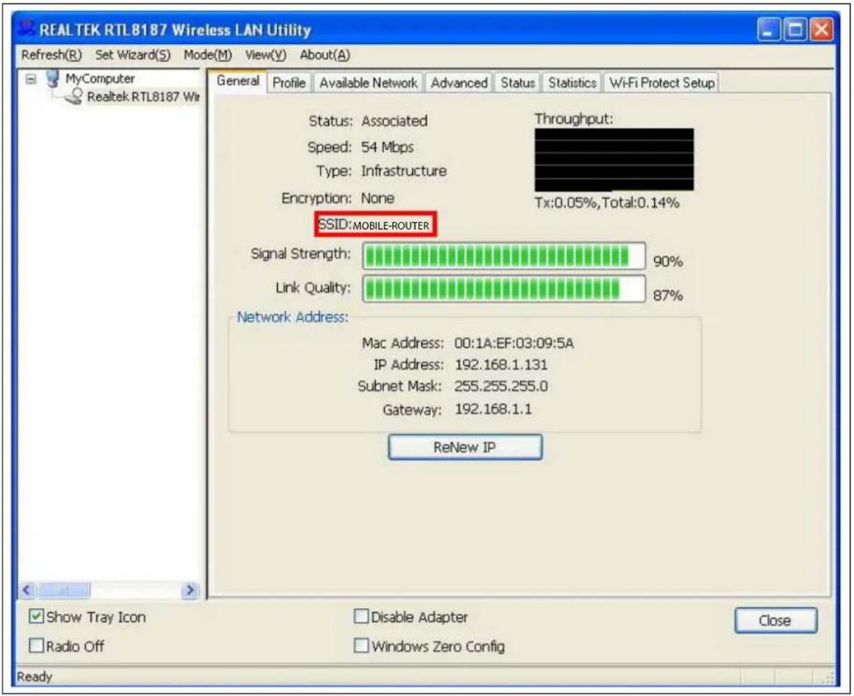 REAL TEK RTL8187 Wireless LAN Utility Refresh(R) Set Wizard(S) Mode(M) View(V) About(A) General Profile Available Network Advanced Status Statistics Wi-Fi Protect Setup MyComputer Realtek RTL8187 Wir Status: Associated Speed: 54 Mbps Type: Infrastructure Encryption: None Throughput: Tx:0.05%, Total:…