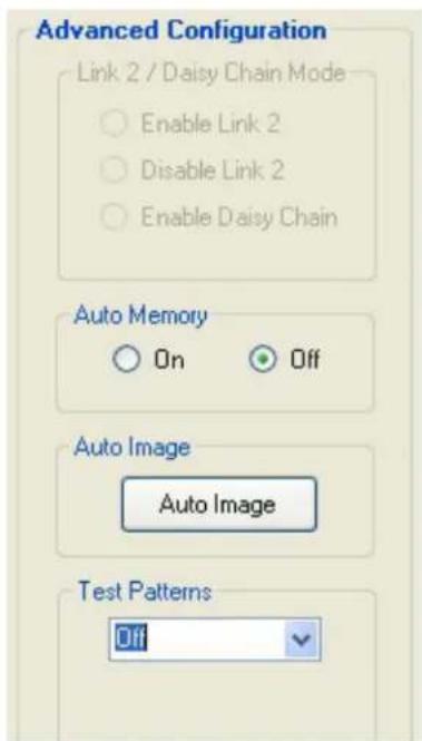 Advanced Configuration Link 2 / Daisy Chain Mode Enable Link 2 Disable Link 2 Enable Daisy Chain Auto Memory On Off Auto Image Auto Image Test Patterns Off