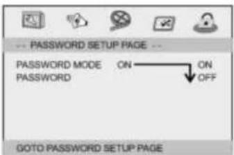 -- PASSWORD SETUP PAGE -- PASSWORD MODE ON —— ON PASSWORD OFF GOTO PASSWORD SETUP PAGE