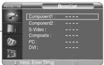 PROYECTOR Bronlijst Component1 : ---- Component2 : ---- S-Video : ---- Composite : ---- PC : ---- DVI : ---- Verpl. Enter Térug