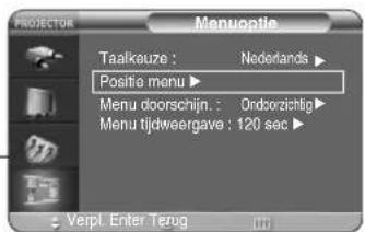 PROYECTOR Menuoptie Taalkouze : Nederlands ▶ Positie menu ▶ Menu doorschijn. : Ordoorzichtig ▶ Menu tijdweergave : 120 sec ▶ Verpl. Enter Terug