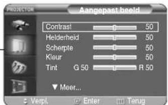 PROJECTION Aangepast beeld Contrast 50 Helderheid 50 Scherpte 50 Kieur 50 Tint G 50 R 50 ▼ Meer... Verpl. Enter Terug