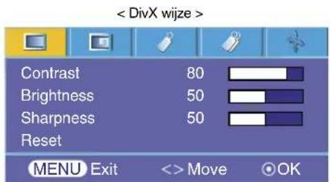 < DivX wijze > Contrast 80 Brightness 50 Sharpness 50 Reset MENU Exit <> Move OK