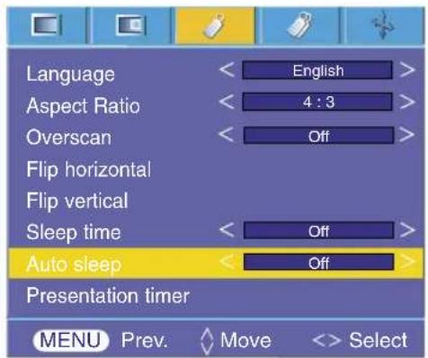 Taal Beeldverhouding Overscan Horizontaal spiegelen Verticaal spiegelen Slaaptijd Automatische slaap Presentatietimer Engels 4:3 Uit Uit Uit Menu Vorige Verplaats <> Selecteer