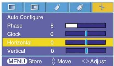 Auto Configure Fase 8 Klok 0 Horizontaal 0 Verticaal 0 MENU Opslaan ▼ Verplaatsen <-> Aanpassen