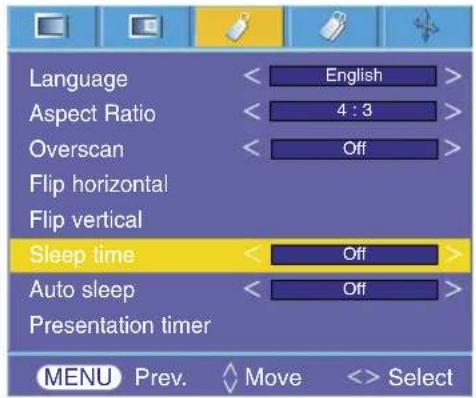 Taal Beeldverhouding Overscan Horizontaal spiegelen Verticaal spiegelen Slaaptijd Automatische slaap Presentatietimer Engels 4 : 3 Uit Uit Uit Menu Vorige Verplaats <> Selecteer