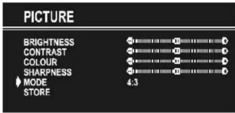 PICTURE BRIGHTNESS CONTRAST COLOUR SHARPNESS MODE STORE 4:3
