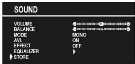 SOUND VOLUME BALANCE MODE AVL EFFECT EQUALIZER STORE MONO ON OFF