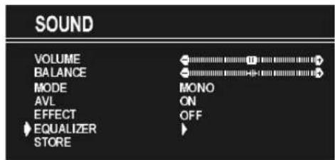 SOUND VOLUME BALANCE MODE AVL EFFECT EQUALIZER STORE MONO ON OFF