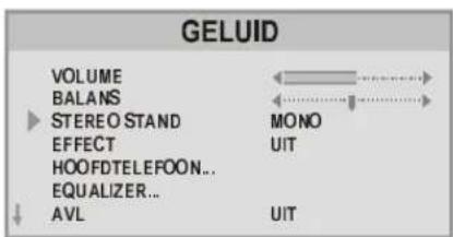 GELUID VOLUME BALANS STEREO STAND EFFECT HOOFDTELEFOON.. EQUALIZER.. AVL MONO UIT UIT