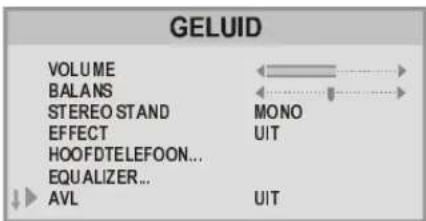 GELUID VOLUME BALANS STEREO STAND EFFECT HOOFDTELEFOON... EQUALIZER... AVL MONO UIT UIT