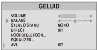 GELUID VOLUME BALANS STEREO STAND EFFECT HOOFDTELE FOON... EQUALIZER... AVL MONO UIT UIT