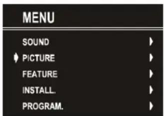 MENU SOUND PICTURE FEATURE INSTALL. PROGRAM.