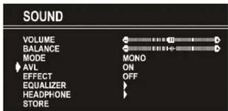 SOUND VOLUME BALANCE MODE AVL EFFECT EQUALIZER HEADPHONE STORE MONO ON OFF