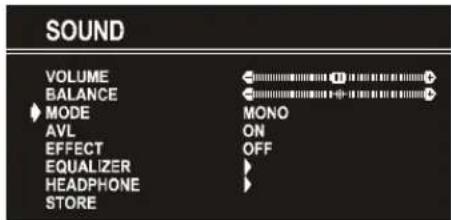 SOUND VOLUME BALANCE MODE AVL EFFECT EQUALIZER HEADPHONE STORE MONO ON OFF