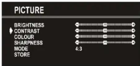 PICTURE BRIGHTNESS CONTRAST COLOUR SHARPNESS MODE STORE 4:3