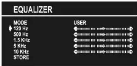 EQUALIZER MODE 120 Hz 500 Hz 1.5 KHz 5 KHz 10 KHz STORE USER
