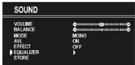 SOUND VOLUME BALANCE MODE AVL EFFECT EQUALIZER STORE MONO ON OFF