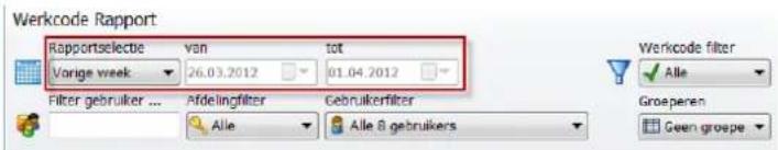 Werkcode Rapport Rapportselectie van tot Vorige week 26.03.2012 01.04.2012 Filter gebruiker ... Afdelingfilter Gebruikerfilter Alle Alle 8 gebruikers Werkcode filter Alle Groeperen Geen groepe