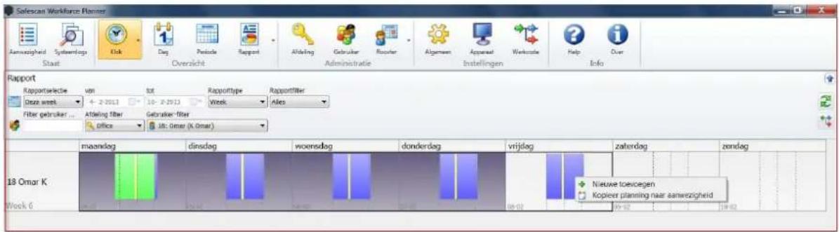 Sofescant Workforce Planner Aanwazigheid Systemlogs Staat Klok Dag Pentode Rapport Afdeling Gebruiker Rooster Algemen Apparat Workcode Help Over Overzicht Administratie Instellingen Info Rapport Rapportselectie von tot Rapporttype Rapportfilter Deze week 4 - 2-2013 10 - 2-2013 Week Ales Filter gebruiker ... Afdeling filter Gebruiker-filter Office Utd: Omar (K Omar) maandag dinsdag wroensdag donderdag vrijdag zaterdag zendag 18 Omar K Week 6 Nieuwe toescegen Kopieer planning naar aanwezigheid