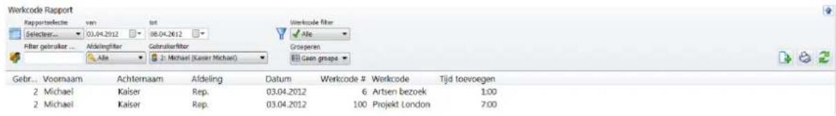 Werkcode Rapport Rapportedeelde Selecter... Filar gebruiker ... Gebr... Voornaam 2 Michael 2 Michael Aldenlighiter Aide Aldernaam Kaiser Kaiser Afdeling Rep. Rep. Gobruksorfilter 2: Michael (Kasser Michael) Datum 03.04.2012 03.04.2012 Datum 03.04.2012 Datum 03.04.2012 Datum 03.04.2012 Datum 03.04.2012 Datum 03.04.2012 Datum 03.04.2012 Datum 03.04.2012 Datum 6 Artien bezoek 100 Projekt London Tijd toevoegen 1:00 7:00
