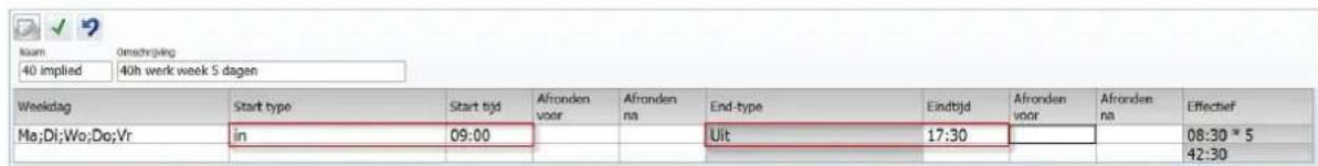 Naam 40 implied Omschrijving 40th werk week 5 dagen Weekdag Start type Start tijd Afronden voor Afronden na End-type Eindbjd Afronden voor Afronden na Effectief Ma;Di;Wo;Do;Vr in 09:00 Uit 17:30 08:30 * 5 42:30