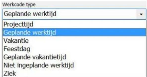 Werkcode type Geplande werktijd Projecttijd Geplande werktijd Vakantie Feestdag Geplande vakantietijd Niet ingeplande werktijd Ziek
