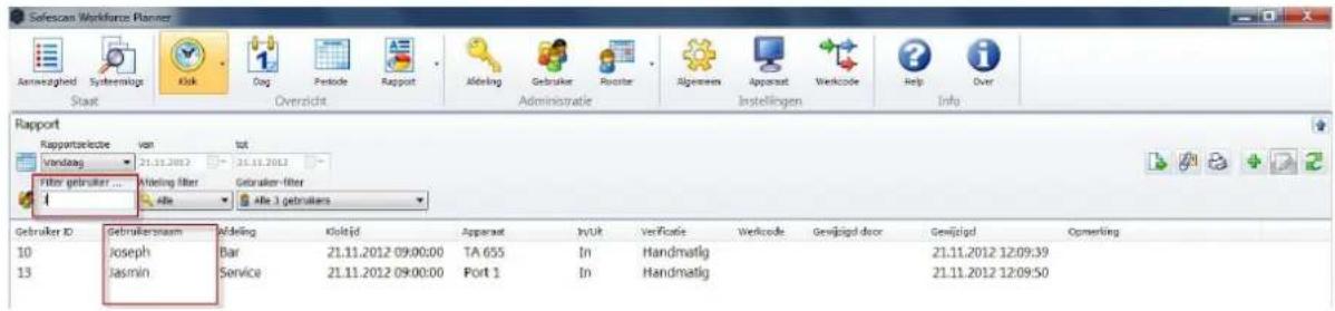 Sofescan Workforce Planner Annevezige Systematics Kisk Dog Pencode Rapport Aderling Gebruker Postor Algeween Apparat Werkcode Help Over Staat Overzicht Administratie Instellingen Info Rapport Rapportselectie van tot Vandalag 21.11.2012 21.11.2013 Filter gebruiker ... Kilding filter Gebruker-filter Alle Alle 1 gebruikers Gebruiker ID Gebruktersname Aderling Kildigd Apparaat Inuit Verificatie Werkcode Gewijzigd door Gewijzigd Opmerking 10 Joseph Bar 21.11.2012 09:00:00 TA 655 In Handmatig 21.11.2012 12:09:39 13 Jasmin Service 21.11.2012 09:00:00 Port 1 In Handmatig 21.11.2012 12:09:50