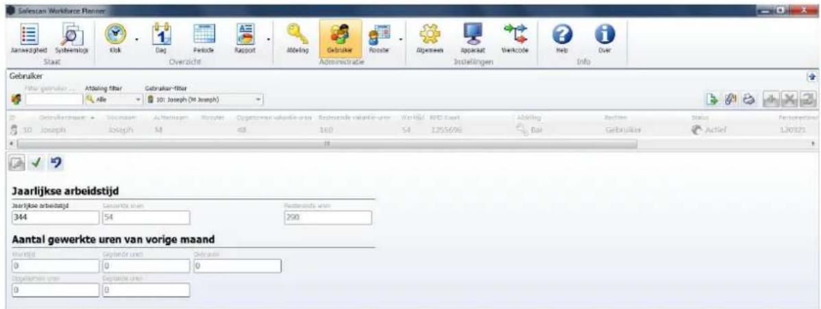 Safescan Workforce Planner Aanweighed Systemlogs Kick Dag Perode Rapport Abdeling Gebruiker Pooske Algemen Appesat Verkcode Help Info Staat Overzicht Administratie Instellingen Info Gebruiker Fisher gebruiker Atdoging filter Gebruiker-fitor 10: Joseph (34 Joseph) Jaarlijkse arbeidstijd Jaarlijkse arbeidstijd Gebruikte uren Restenwerte uren 344 54 290 Aantal gewerkte uren van vorige maand Wertijd Gebruikte uren Gebruikte 0 0 0 Gebruikte uren Gebruikte uren 0 0