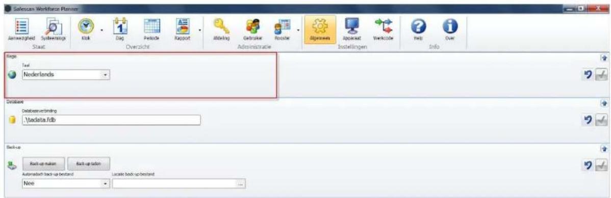 SafeScan Workforce Planner Anweighted SystemsImpact Klik Dag Pekode Rapport Alkning Gebruker Rostke Algeleem Applesat Verikode Help Info Start Overzicht Administratie Instellingen Info Regis Text Nederlands Database Databaseverbinding \tadata.fdb Back-up Back-up-nakin Back-up-tolin Automaticch-back-up-bestand Locale-back-up-bestand None ...