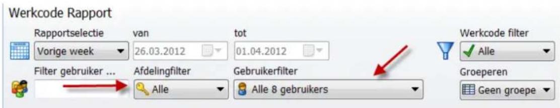 Werkcode Rapport Rapportselectie van tot Vorige week 26.03.2012 01.04.2012 Filter gebruiker ... Afdelingfilter Gebruikerfilter Alle All 8 gebruikers Werkcode filter ✓ Alle Groeperen Geen groepe