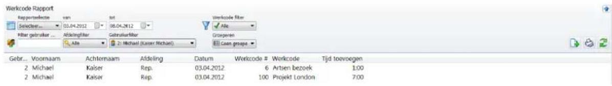 Werkcode Rapport Rapportselectie van tot Selecter... 03.04.2012 08.04.2012 Filar gebruiker ... Afdelingfilar Gruiterkalfitor Afe 2: Michael (Kaiser Michael) Gebr... Voornaam Achternaam Afdeling Datum Werkcode # Werkcode Tijd toevoegen 2 Michael Kaiser Rep. 03.04.2012 6 Artien bezoek 1:00 2 Michael Kaiser Rep. 03.04.2012 100 Projekt London 7:00