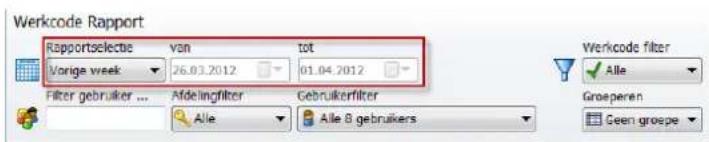 Werkcode Rapport Rapportselectie van tot Vorige week 26.03.2012 01.04.2012 Filter gebruiker ... Afdelingfilter Gebruikerfilter Alle Alle 8 gebruikers Werkcode filter Alle Groeperen Geen groepe