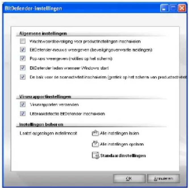 BitDefender-instellingen Algemene instellingen ✓ Wachwoordebeveliging voor productinstellingen inschakelen ✓ EbitDefender-nieuws weergeven (beveiliggeverwerte meldingen) ✓ Pop-ups weergeven (notifies op het scherm) ✓ EbitDefender laden wanneer Windows start ✓ De baik voor de scenachtieft inschakelen…